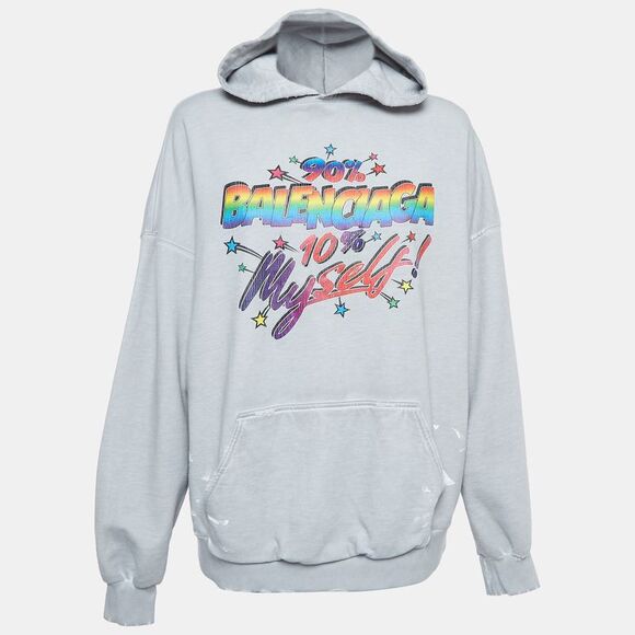 Balenciaga Grey Distressed Cotton Graphic Print Hoodie S